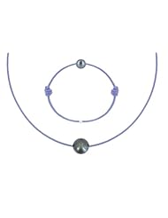 Les Poulettes Jewels - Set Bracelet and Necklace Lilac Waxed Cord with Black Pearl
