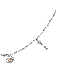 14 Karat Yellow Gold and Silver With Oxidized Rhodium Finish 7.5" Oval Link Chain Bracelet With Lobster Lock Fancy Heart Lock Key Pendants
