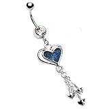 316L Gemmed Belly Ring with Denim Heart Dangle with Three Mini Hearts - 14G - 3/8