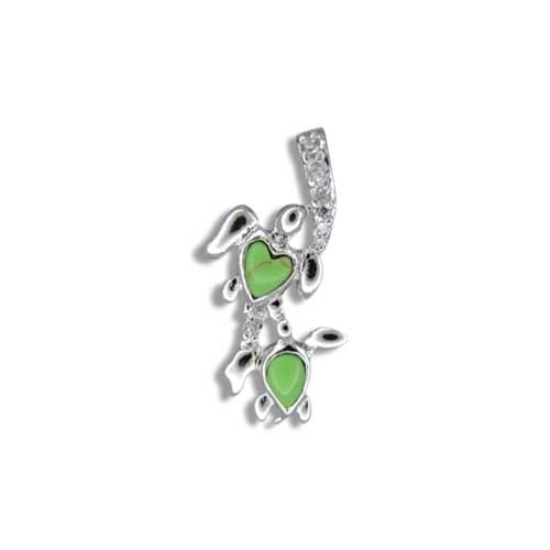 Sterling Silver Hawaiian Green Turquoise Mother and Baby Turtle Pendant