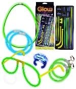 Glow Party Kit. This Glow-in-the-dark Kit Contains 6 Items: 1 Ring, 2 Hoop Earrings, 1 Pair of Eye Glasses and 2 Bracelets. With the Connectors in the Kit You Can Choose to Make Either 1 Necklace or 2 Bracelets! The Items Are All in an Assortment of Colors, with Glow Sticks Measuring 5 Mm in Diameter.