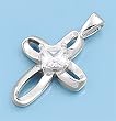Sterling Silver Pendant - Clear Cubic Zirconia - Cross - Ribbon Style - 21mm Height