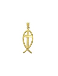 14K Real Solid Yellow Gold Shiny Ichthus Fish Polished Cross Pendant Charm