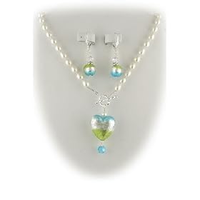Aqua Lime Green Murano Glass Heart Pendant Earrings Freshwater Pearl Lariat Necklace 880