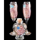 America's Flag Design - Hand Painted - Large Heart Bottle and 2 matching Flutes Set by 