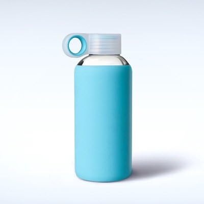 IRIES® Bottle: Glass Water Bottle Sport Blue Soft Silicone Sleeve 470ml + Bottle Brush