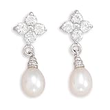Cubic Zirconia CZ Rhodium Plated Sterling Silver Earrings - .875 in 3mm 8mm White Pearl
