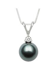 14K White Gold 18" Pendant Necklace with AAA Quality 10-11mm Round Tahitian Black Pearl and Diamond