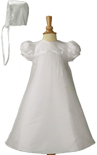 White Poly Shantung Christening Baptism Gown with Ribbon and Bonnet