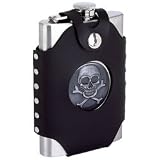 Maxam 8oz Stainless Steel Flask With Skull Cross Bones Emblem Studded Black Faux Leather Wrap