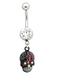 Stainless Steel Belly Ring with Clear Crystals - Dangling Black Skull