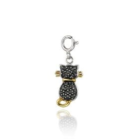 Sterling Silver Two-Tone Black CZ Cat Charm Pendant