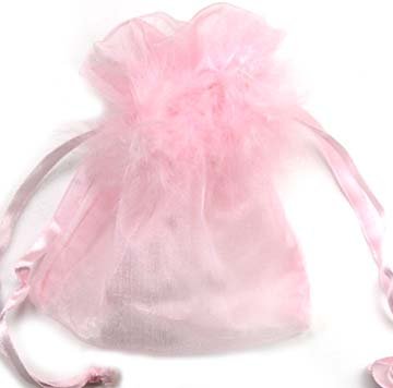 10 Marabou Feather Organza Wedding Drawstring Favor Pouch Bags, Pastel Pink
