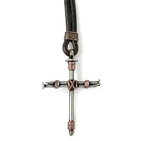 Stainless Steel Nail and Copper Wire Cross Pendant on Leather Cord by Bob Siemon, 30