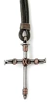 Stainless Steel Nail and Copper Wire Cross Pendant on Leather Cord by Bob Siemon, 30"