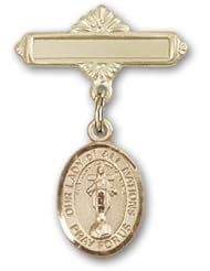 14K Gold Baby Badge with Our Lady of All Nations Charm and Polished Badge Pin