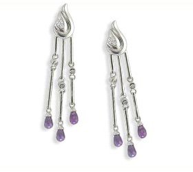Boucles d'Oreilles Femme Plaqué Rhodium Argent fin 925 et Diamant Brillant 0.03 Carat G-VS avec Améthyste - 48mm*7mm