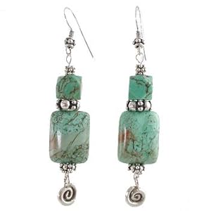 Long Southwestern Rectangular Turquoise Gemstone Bead Dangle Earrings with Sterling Silver Swirls and Accents of Bali Silver, #8162