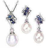 14k Gold, Cultured Pearl Sapphire Earring and Pendant Set