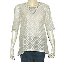 Ladies Kurta Off-white Silk Long Sleeve Top Blouse Embroidery Size S