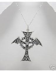 925 Sterling St Silver Gothic Bat Wings Engraved Oxadized Cross Pendant Necklace Jewelry 2 x 3/4 inches With A Beautiful Heavily Plated Sterling Silver Chain