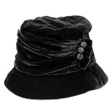 LARGE BRIM BLACK VELVET RUCHED BUCKET HAT W/BUTTON TRIM