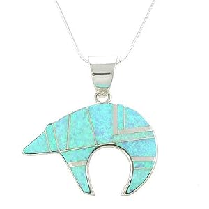 Southwestern Blue Opal Inlaid Bear Pendant in Sterling Silver by Native American Indian Artist Calvin Begay with 20" Sterling Snake Chain, #7785