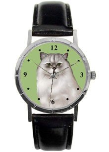 Himalayan cat watch ladies size 1 inch Has gold tone case with black leather band. Battery operated.