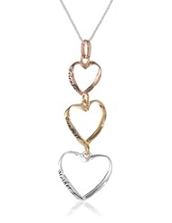 Tri-Colored Sterling Silver Yellow and Rose Gold Flashed "Mother Daughter Friends" Triple Open Heart Pendant Necklace, 18"