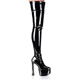 6 1/2 Inch Sexy Thigh High Boot Chunky Heel Stretch Patent Black White