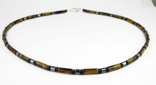 Tiger Eye: Men's Beaded Necklaces in Semi Precious Gemstones with Sterling Silver Bead Accents