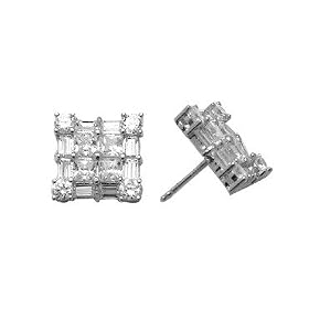 Sterling Silver 12mm * 12mm square assembled custom cut CZ Earrings (Free Ship+giftbox)