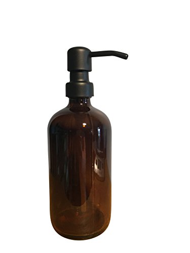 Amber Glass soap Dispenser Bottle with Matte Black Industrial Quality Metal Pump and Non Slip Coaster - Brown Glass 16oz