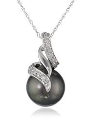 10k Gold Tahitian Cultured Pearl with Diamond Accent Pendant Necklace (1/10 cttw, G-H Color, I2-I3 Clarity), 17"