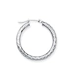 CleverEve's Sterling Silver 3 X 25mm All Diamond-Cut Round Rhodium Hoop Earring