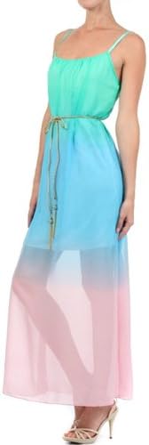 Fashion Chiffon Sleeveless Pastel Sheer Maxi Full Blouson Rope Belt Women Dress - Pastel - Medium