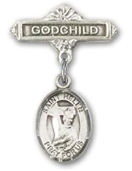 Sterling Silver Baby Badge with St. Helen Charm and Godchild Badge Pin