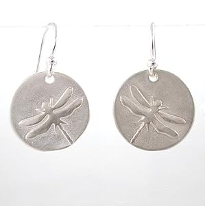 Round Dragonfly Dangle Earrings in Matte Finished Sterling Silver, #8740
