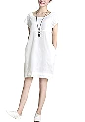 Above the Knee Short Sleeves Shift Cotton/Linen Scoop Neck  Dress