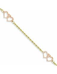 14K Gold Two-tone Double Heart Bracelet 10 Inches