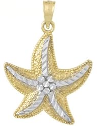 14k Gold Nautical Necklace Charm Pendant, Diamond Cut Small Starfish Sea Star Tw
