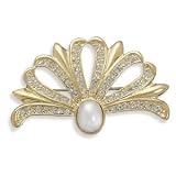 14 Karat Gold Plated Base Metal Crystal Fan Shaped Pin a 7.5mm X 10mm Simulated Pearl Center