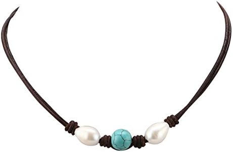 Dark Brown Genuine Leather Rice Freshwater Pearl Necklace with One Single Turquoise Charm 16.5" Adjustable