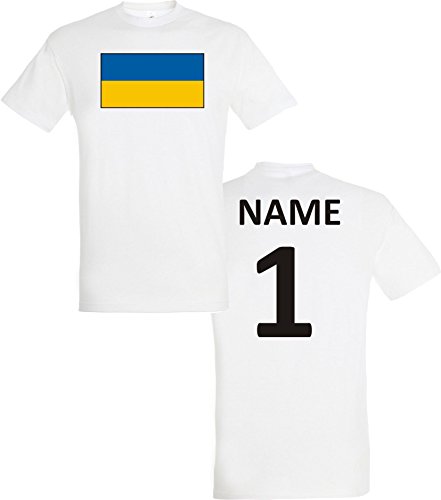 Uni T-Shirt Ukraine Ländershirt mit Wunschnamen und Nummer, Farbe weiss, Größe M