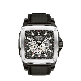 Bulova #96A112 Men's Pearl Dial Black Leather Strap Skeleton Automatic Watch