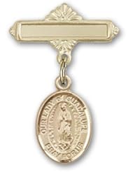 14K Gold Baby Badge with Our Lady of Guadalupe Charm and Polished Badge Pin