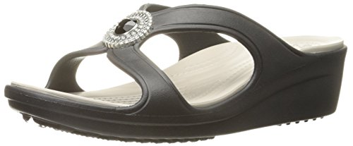 crocs Women's Sanrah Beaded Wedge, Black/Platinum, 9 M US