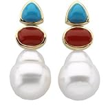 14K White or Yellow Gold Paspaley South Sea Cultured Pearl, Turquoise and Red Coral Earrings