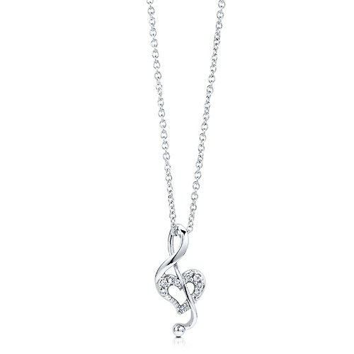 Valentine Day Sterling Silver Cubic Zirconia CZ Heart Music Note Pendant Necklace