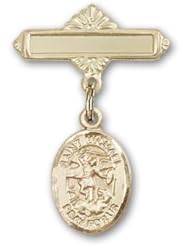 14K Gold Baby Badge with St. Michael the Archangel Charm and Polished Badge Pin